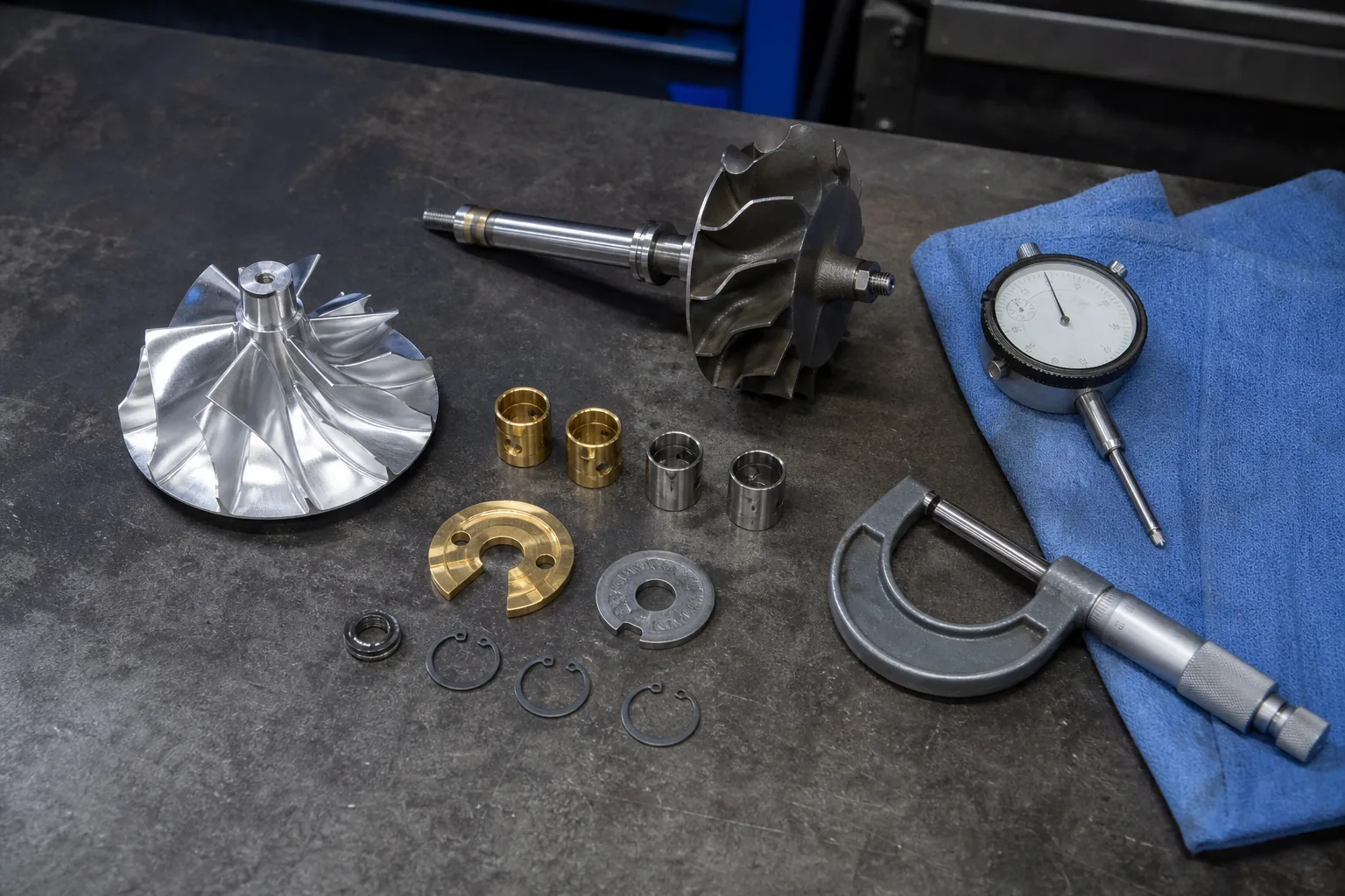 Compressor wheel and turbine shaft arranged with bearings and measuring tools