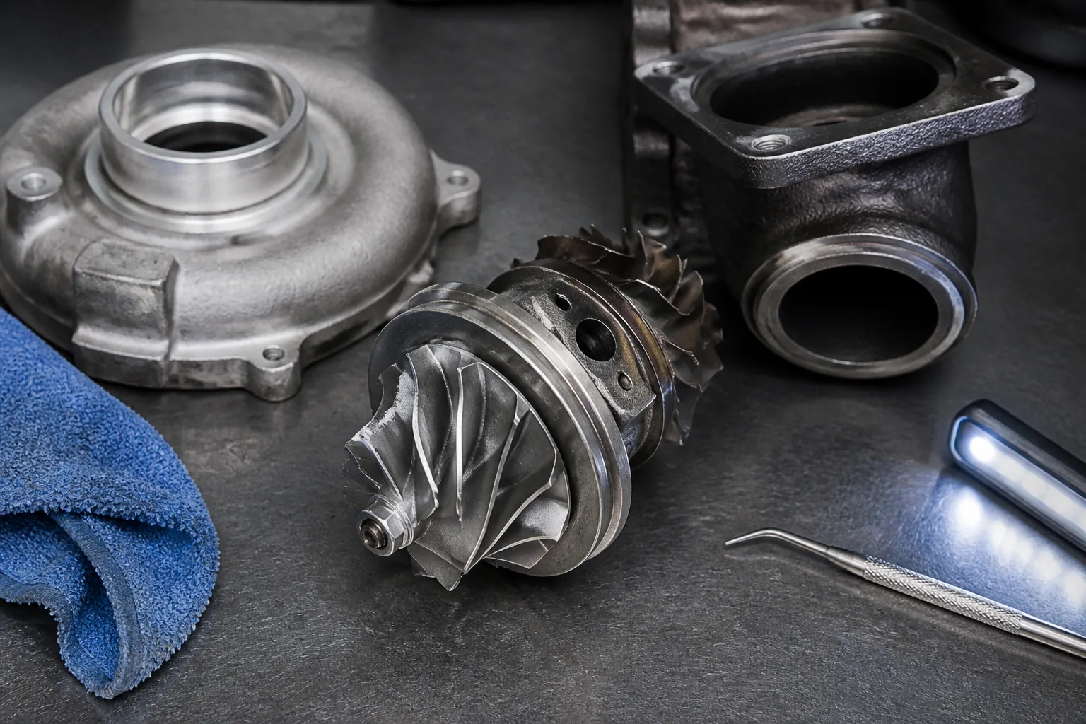 Chipped compressor wheel under task lighting during failure inspection