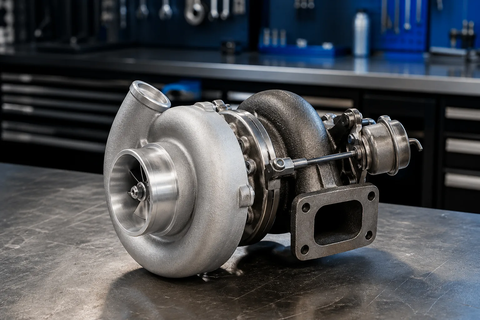 Completed rebuilt turbocharger on a clean steel bench