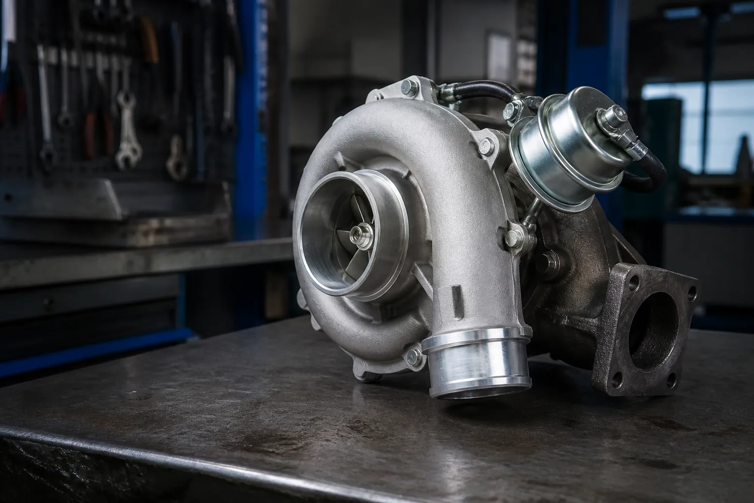 Rebuilt turbocharger on a steel workbench
