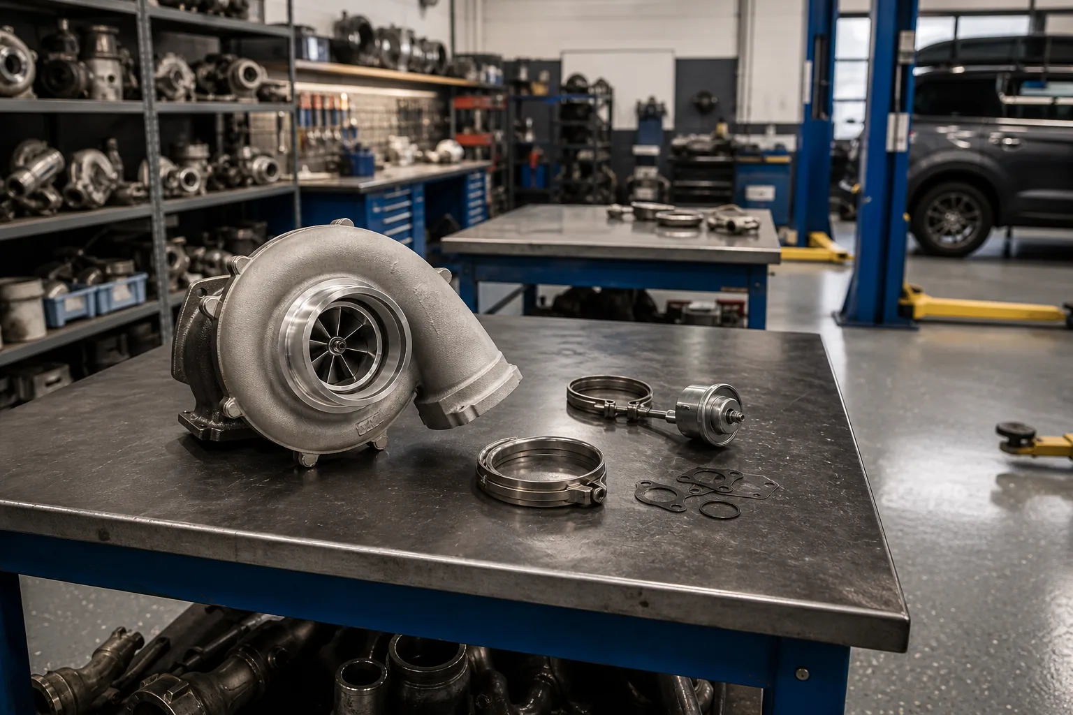 Organized turbocharger workbench inside the Apex performance workshop