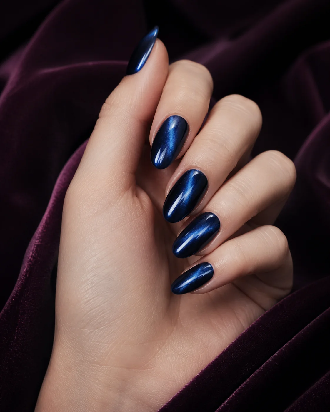 Deep sapphire cat-eye nails framed by dark plum velvet.