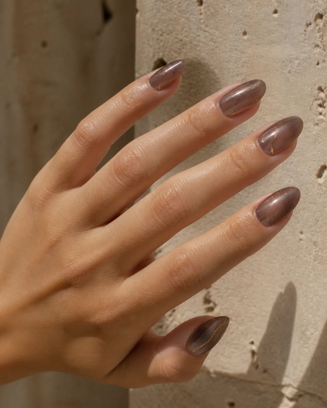 Translucent smoky quartz nails with delicate gold linework against warm stone.