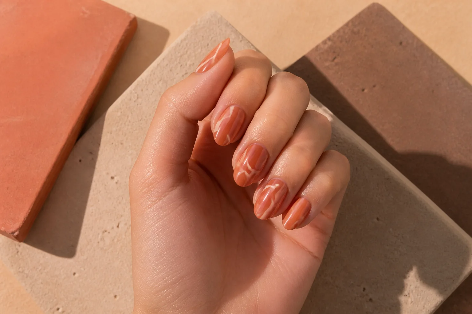 Terracotta jelly nails with cream abstract linework above ceramic tiles.