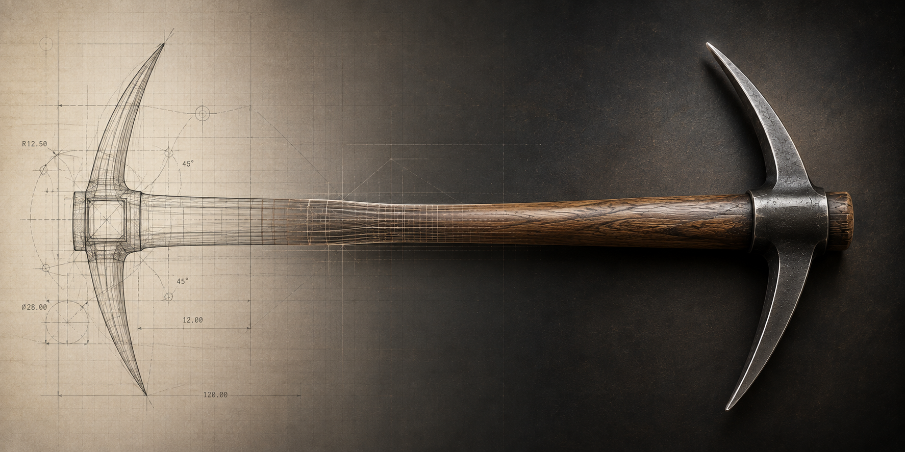 A pickaxe transforming from blueprint drawing into a polished working tool.