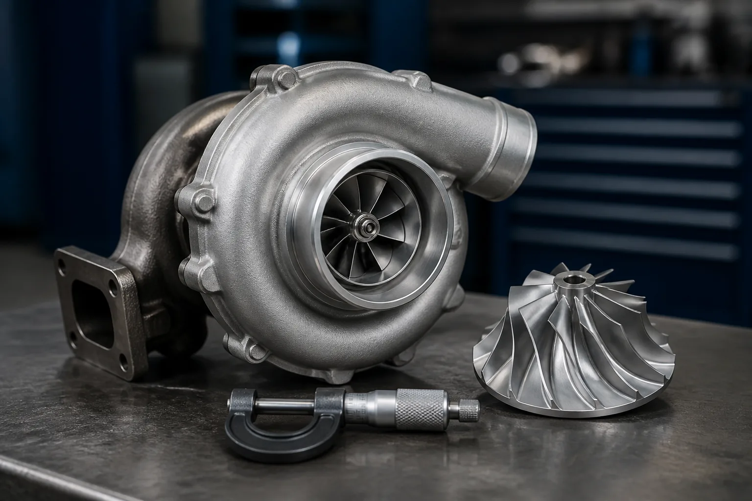 A rebuilt turbocharger with a compressor wheel and micrometer on a steel workbench.