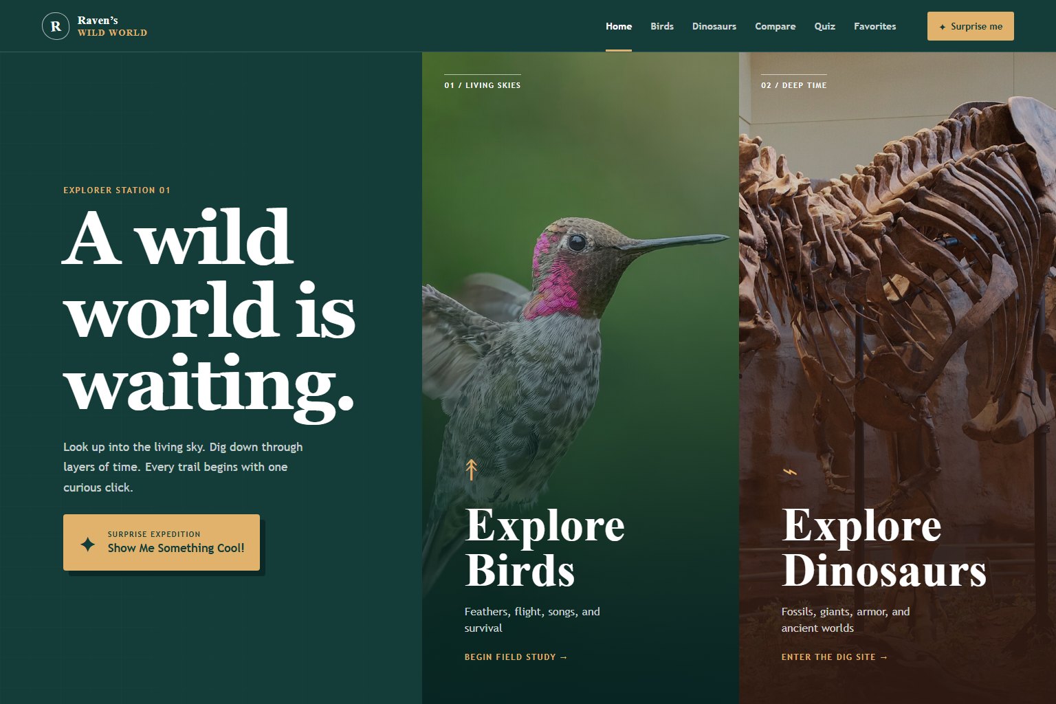 The Raven's Wild World homepage with Birds and Dinosaurs exploration paths beside its welcome message.
